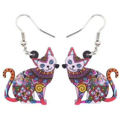Acrylic Happy Floral Cat Pattern Earring Charm Jewelry BOS1141 - Touchy Style