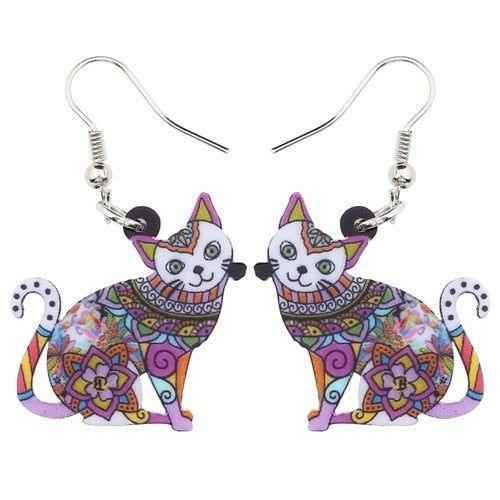 Acrylic Happy Floral Cat Pattern Earring Charm Jewelry BOS1141 - Touchy Style