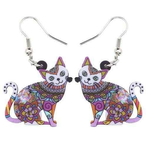 Acrylic Happy Floral Cat Pattern Earring Charm Jewelry BOS1141 - Touchy Style .