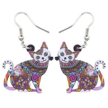 Acrylic Happy Floral Cat Pattern Earring Charm Jewelry BOS1141 - Touchy Style