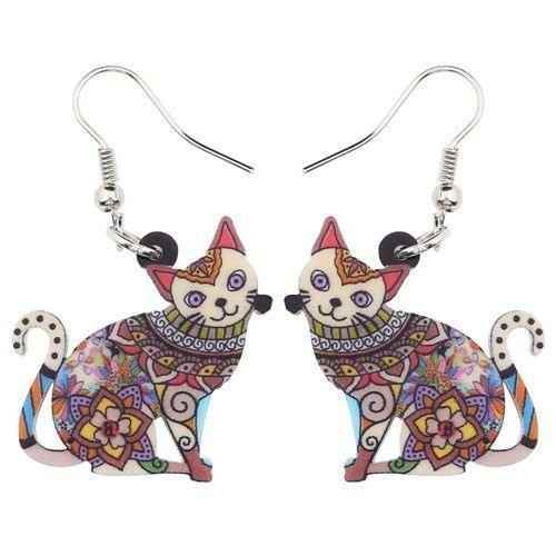 Acrylic Happy Floral Cat Pattern Earring Charm Jewelry BOS1141 - Touchy Style