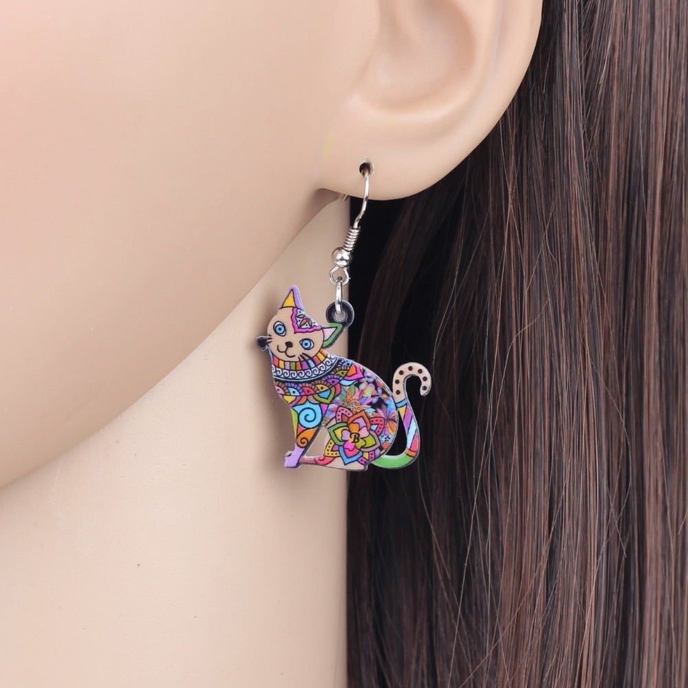 Acrylic Happy Floral Cat Pattern Earring Charm Jewelry BOS1141 - Touchy Style .