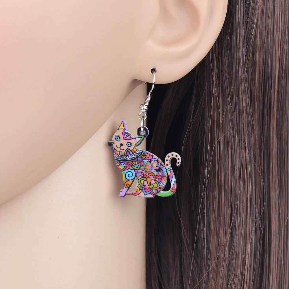Acrylic Happy Floral Cat Pattern Earring Charm Jewelry BOS1141 - Touchy Style