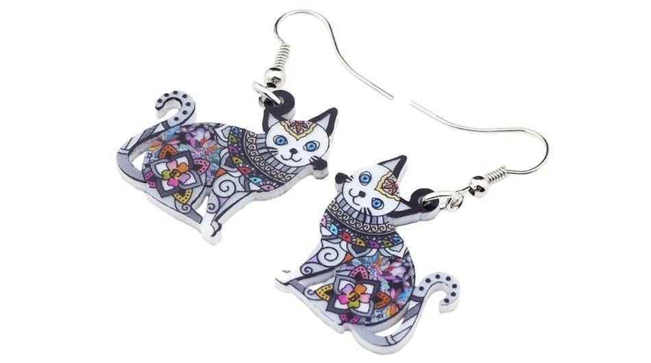 Acrylic Happy Floral Cat Pattern Earring Charm Jewelry BOS1141 - Touchy Style