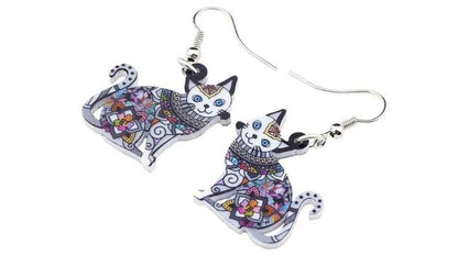 Acrylic Happy Floral Cat Pattern Earring Charm Jewelry BOS1141 - Touchy Style