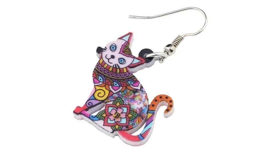 Acrylic Happy Floral Cat Pattern Earring Charm Jewelry BOS1141 - Touchy Style