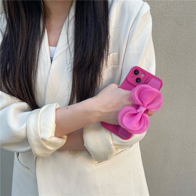 Adorable Bowknot Wrist Strap Holder Phone Cases for iPhone 13, 12, 14, 14 Pro, 11 Pro Max, X, XR, XS - Touchy Style .