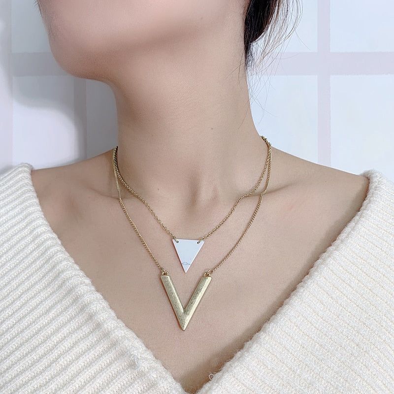 Artificial Marble Triangle Pendant Multi-Layer Necklaces Charm Jewelry KMOS0400 - Touchy Style .