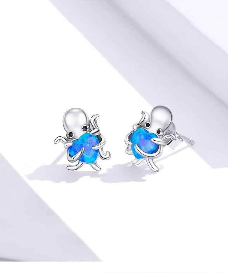 Blue Octopus Heart 925 Sterling Silver Stud Earrings Charm Jewelry BOS1228 - Touchy Style