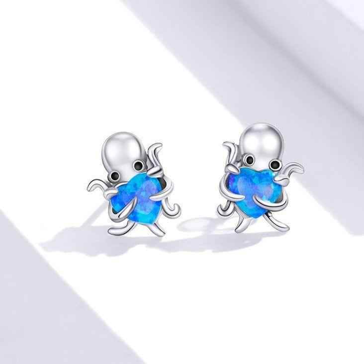 Blue Octopus Heart 925 Sterling Silver Stud Earrings Charm Jewelry BOS1228 - Touchy Style