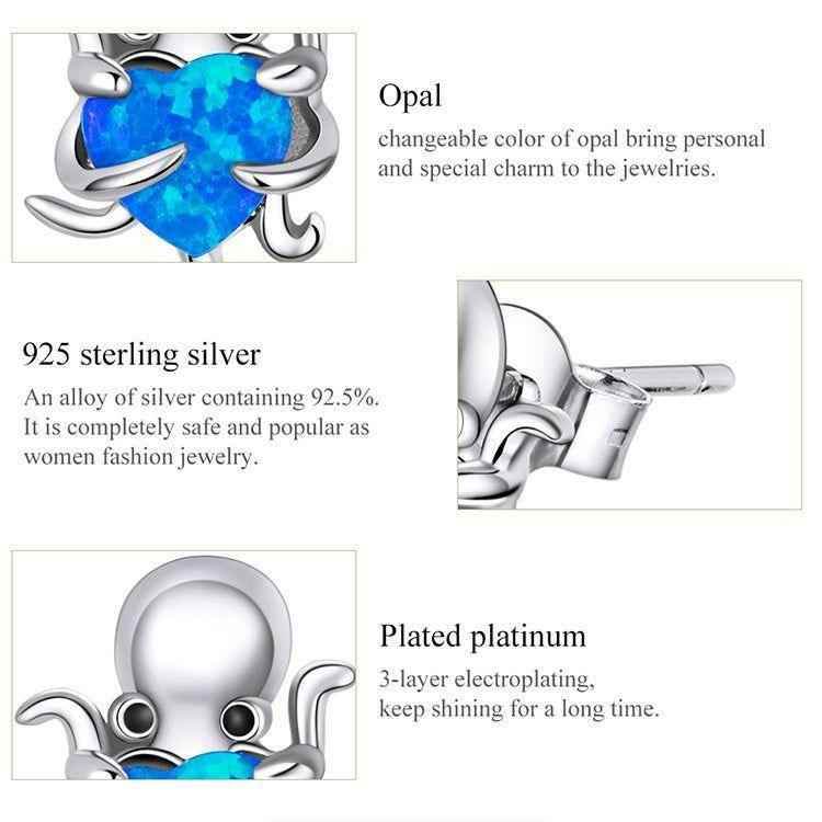 Blue Octopus Heart 925 Sterling Silver Stud Earrings Charm Jewelry BOS1228 - Touchy Style