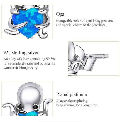 Blue Octopus Heart 925 Sterling Silver Stud Earrings Charm Jewelry BOS1228 - Touchy Style