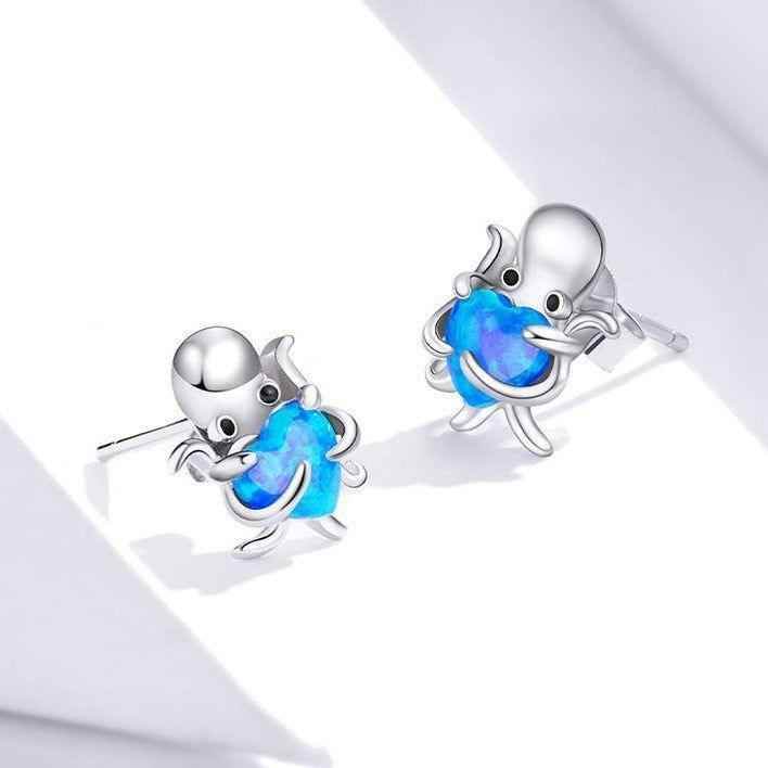 Blue Octopus Heart 925 Sterling Silver Stud Earrings Charm Jewelry BOS1228 - Touchy Style