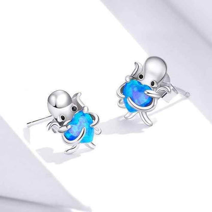 Blue Octopus Heart 925 Sterling Silver Stud Earrings Charm Jewelry BOS1228 - Touchy Style