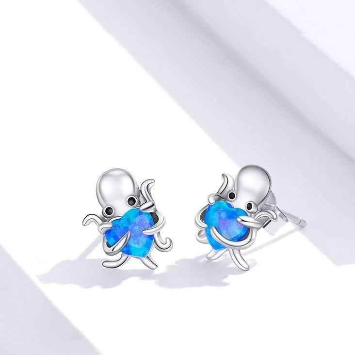 Blue Octopus Heart 925 Sterling Silver Stud Earrings Charm Jewelry BOS1228 - Touchy Style