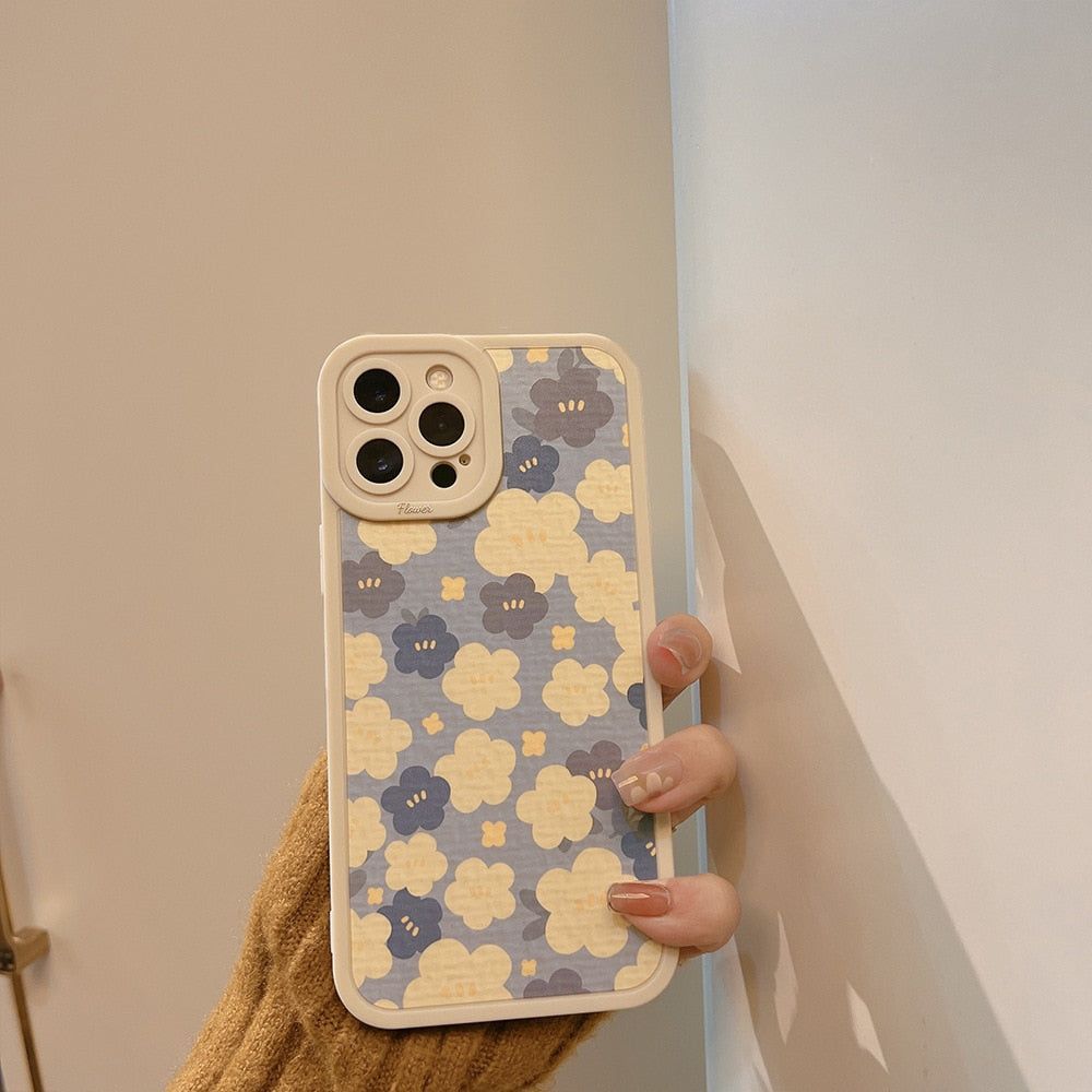 Blue Oil Painting Flowers Cute Phone Cases For iPhone 11 12 13 Pro XS Max X XR 7 8 Plus Se 2 - Touchy Style .