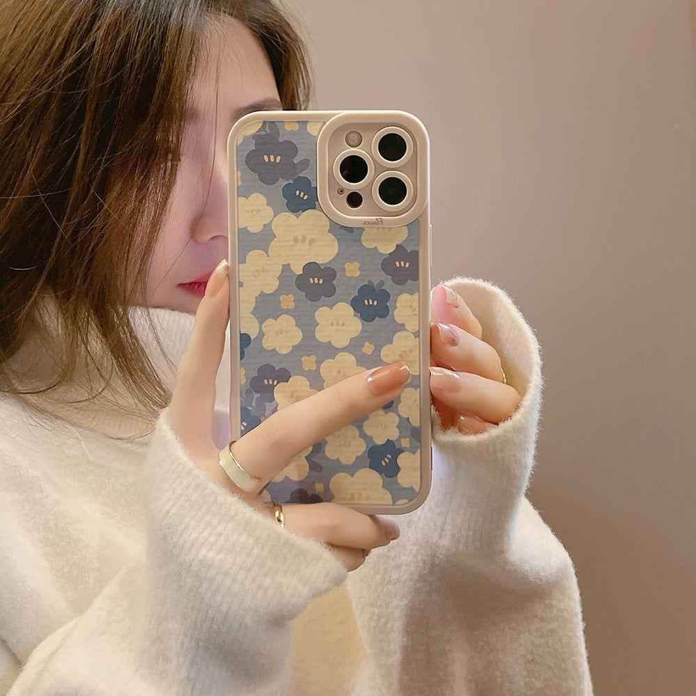 Blue Oil Painting Flowers Cute Phone Cases For iPhone 11 12 13 Pro XS Max X XR 7 8 Plus Se 2 - Touchy Style .