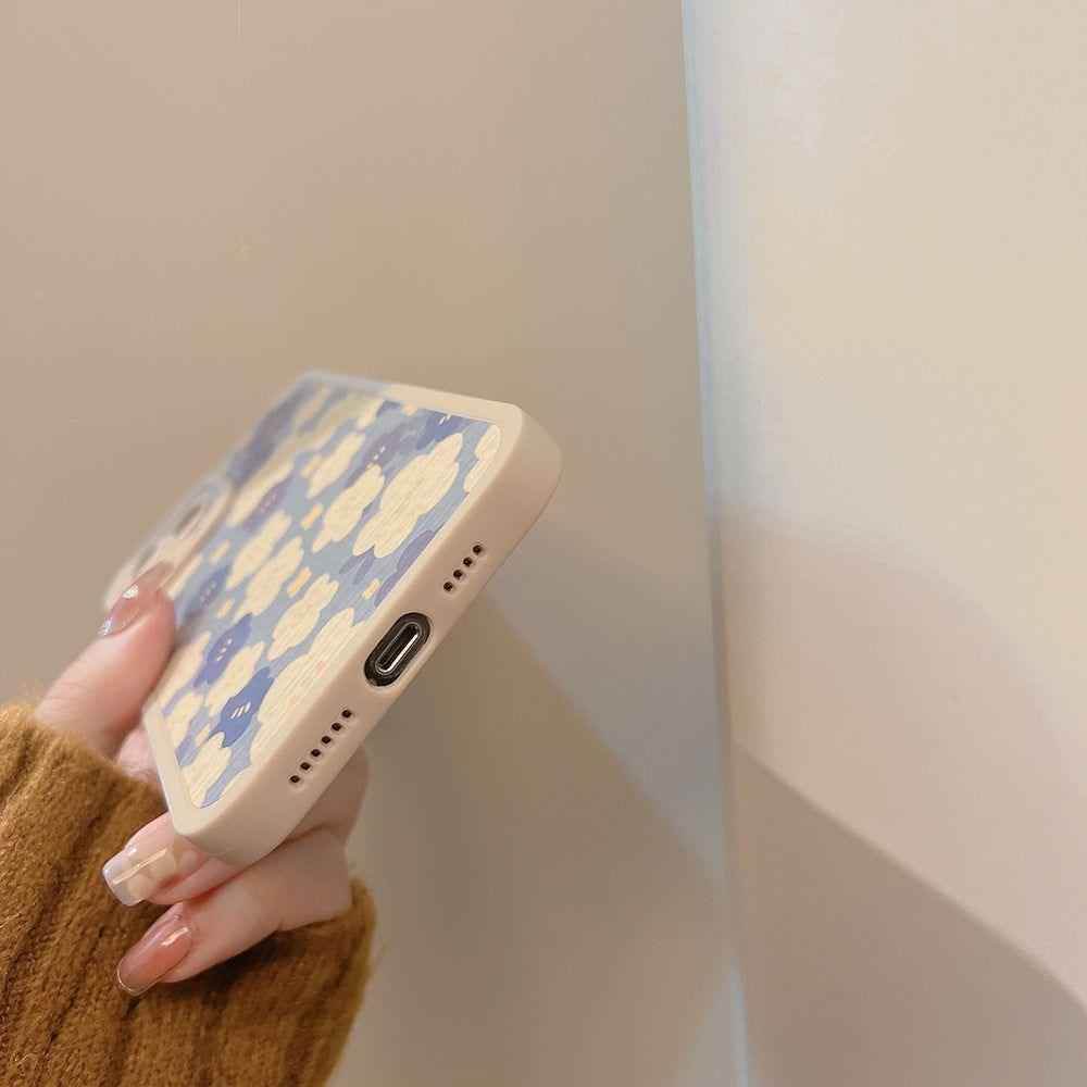 Blue Oil Painting Flowers Cute Phone Cases For iPhone 11 12 13 Pro XS Max X XR 7 8 Plus Se 2 - Touchy Style