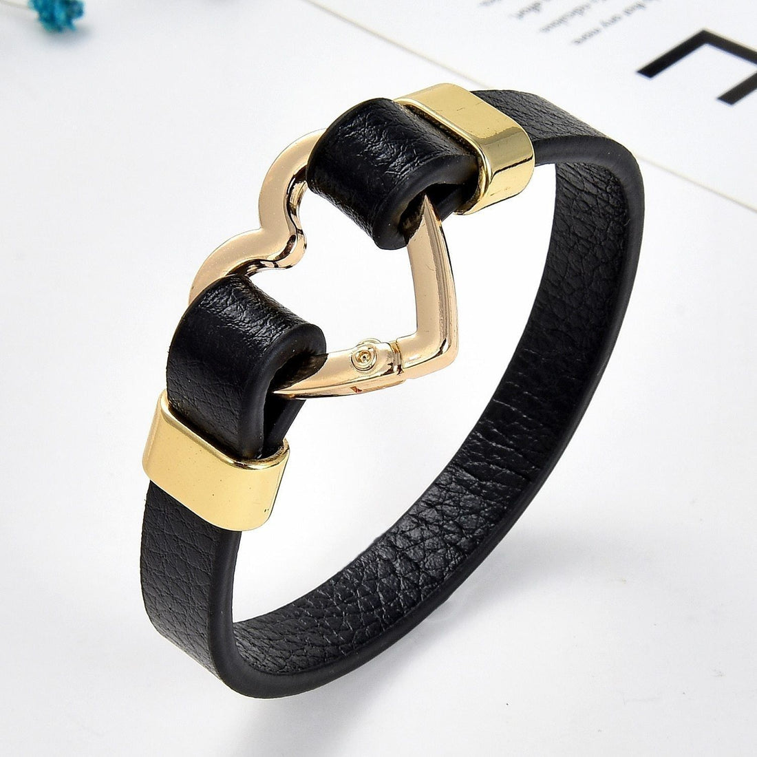 Bracelet Charm Jewelry 2021 Trendy Heart Shape Clasp Gold Metal Black Leather - Touchy Style .