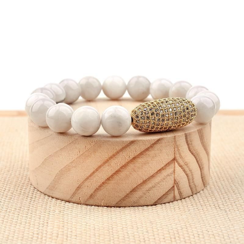 Natural Marble Bead Stretchy Bracelet w/Cubic Zirconia & Rose Gold Tone  Charm