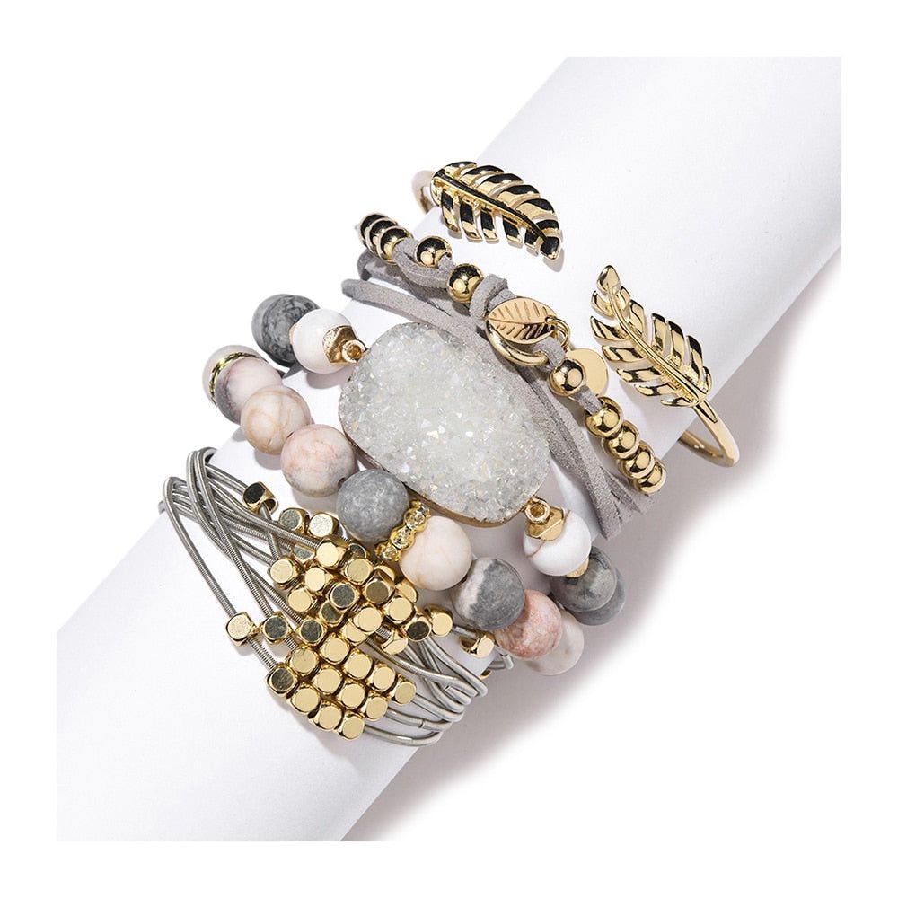 Bracelet Charm Jewelry Set Boho Gold Leaf Natural Stone Bangles - Touchy Style .