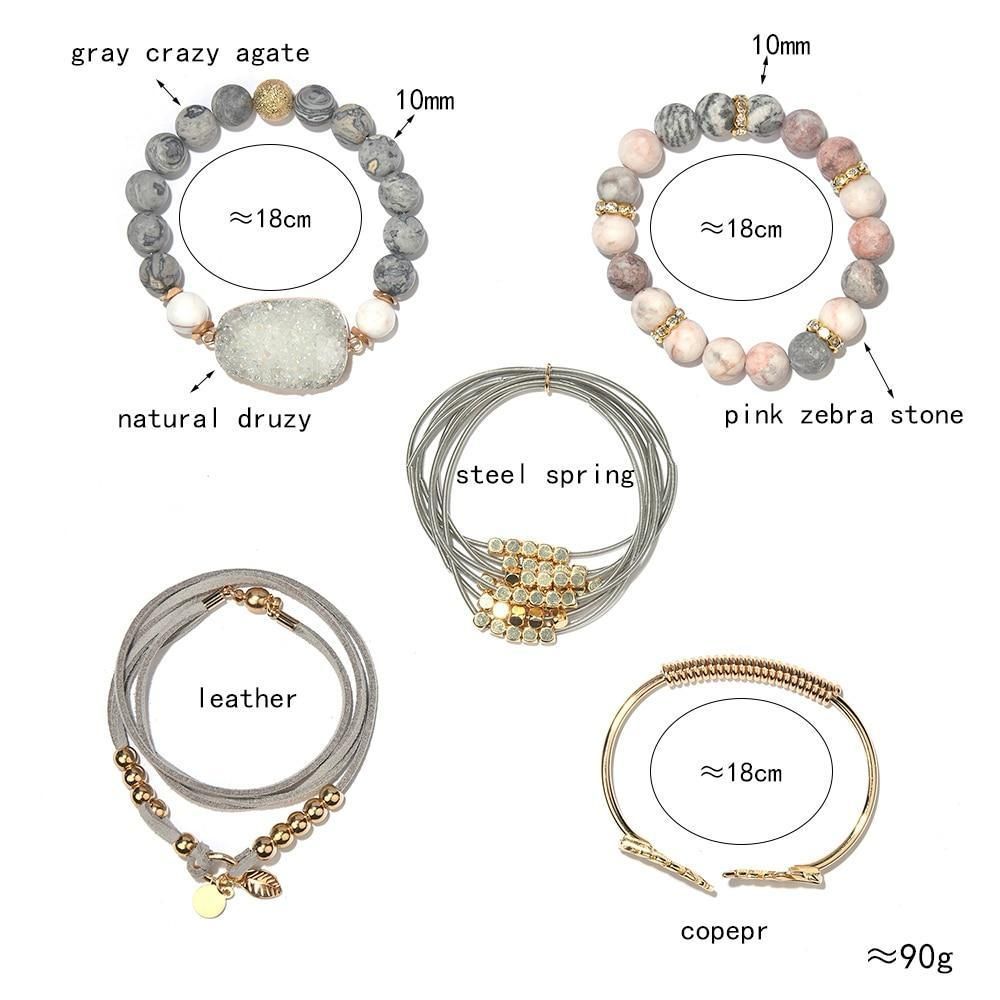 Bracelet Charm Jewelry Set Boho Gold Leaf Natural Stone Bangles - Touchy Style .