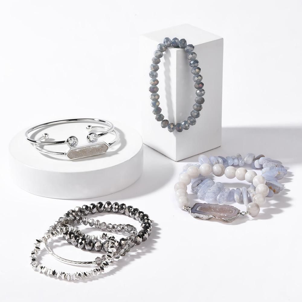 Bracelet Charm Jewelry Set Multi Layer Natural Stone Set Quartz Druzy Crystal Beads Bracelet - Touchy Style .