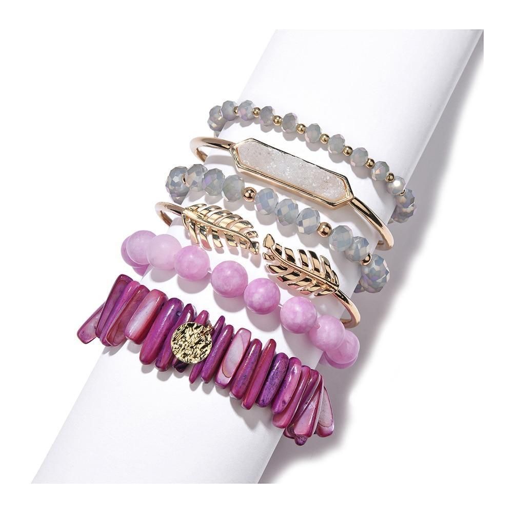 Bracelet Charm Jewelry Set Natural Stone Shell Crystal Golden Leaf Druzy Bangle - Touchy Style .
