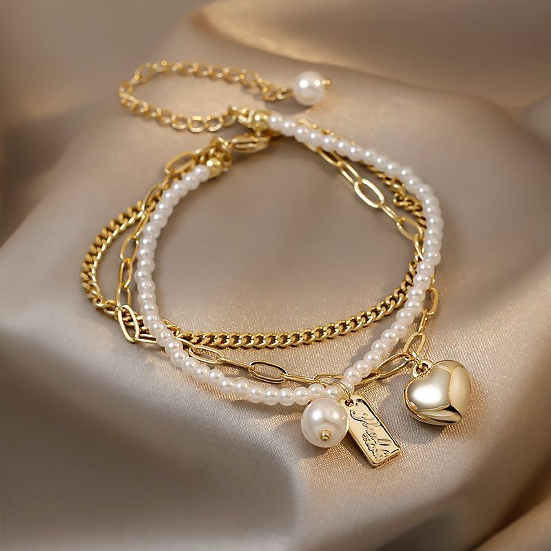 Bracelets Charm Jewelry BCJTXY21 Multi-Layer Pearl Heart Folded Fashion - Touchy Style .