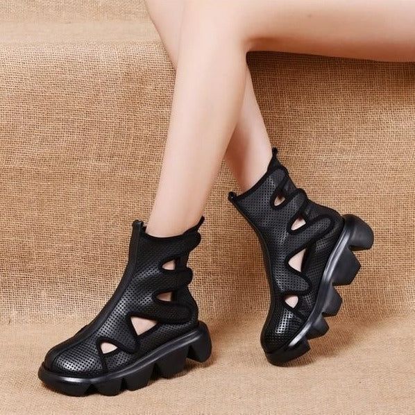Casual Shoes For Women Ankle Boots Handmade Genuine Leather Hollow out Sandals Wedge Soft Bottom Boots - Touchy Style .