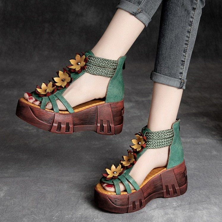 Casual Shoes For Women High Heels Sandals Genuine Leather Retro Zip Wedge Flower Platform Ladies Sandals - Touchy Style .