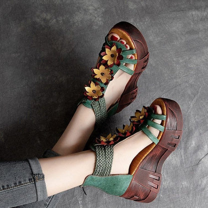 Casual Shoes For Women High Heels Sandals Genuine Leather Retro Zip Wedge Flower Platform Ladies Sandals - Touchy Style .