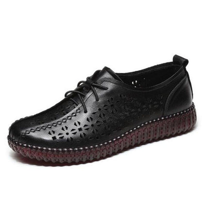 Casual Shoes Genuine Cow Leather Flat Comfortable For Women Hollow Breathable Lace-Up Ladies Flats - Touchy Style .