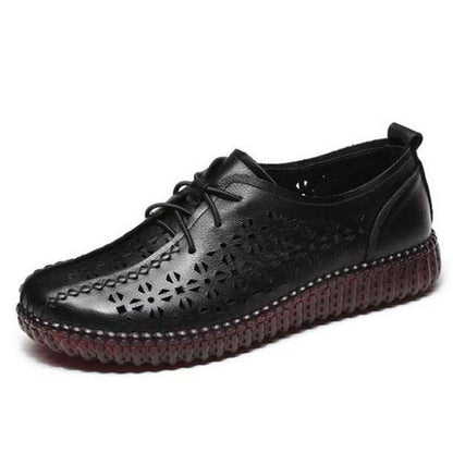 Casual Shoes Genuine Cow Leather Flat Comfortable For Women Hollow Breathable Lace-Up Ladies Flats - Touchy Style