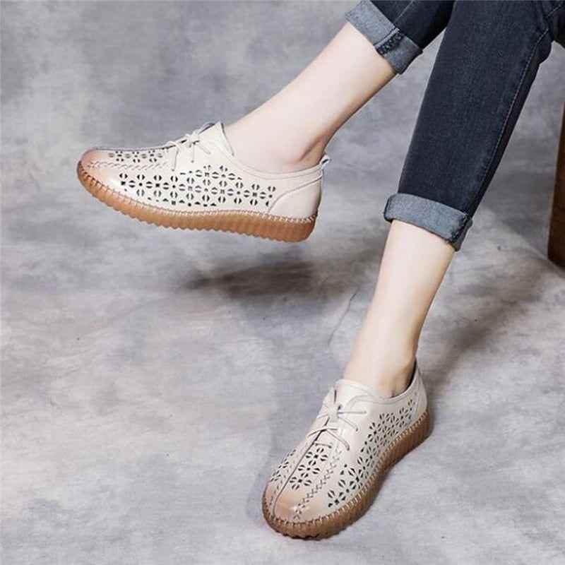 Casual Shoes Genuine Cow Leather Flat Comfortable For Women Hollow Breathable Lace-Up Ladies Flats - Touchy Style .