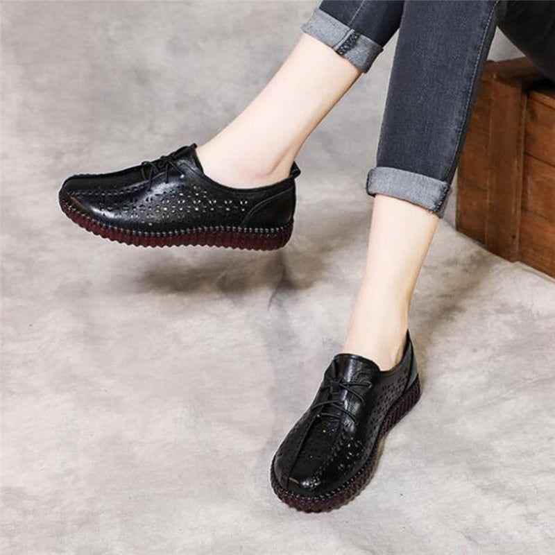 Casual Shoes Genuine Cow Leather Flat Comfortable For Women Hollow Breathable Lace-Up Ladies Flats - Touchy Style