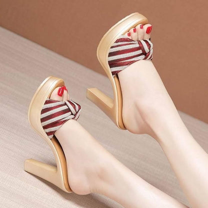 Casual Shoes Open Toe Bow Stripe Slides For Women Summer 2021 High Heels Slippers Ladies Office Beach - Touchy Style .