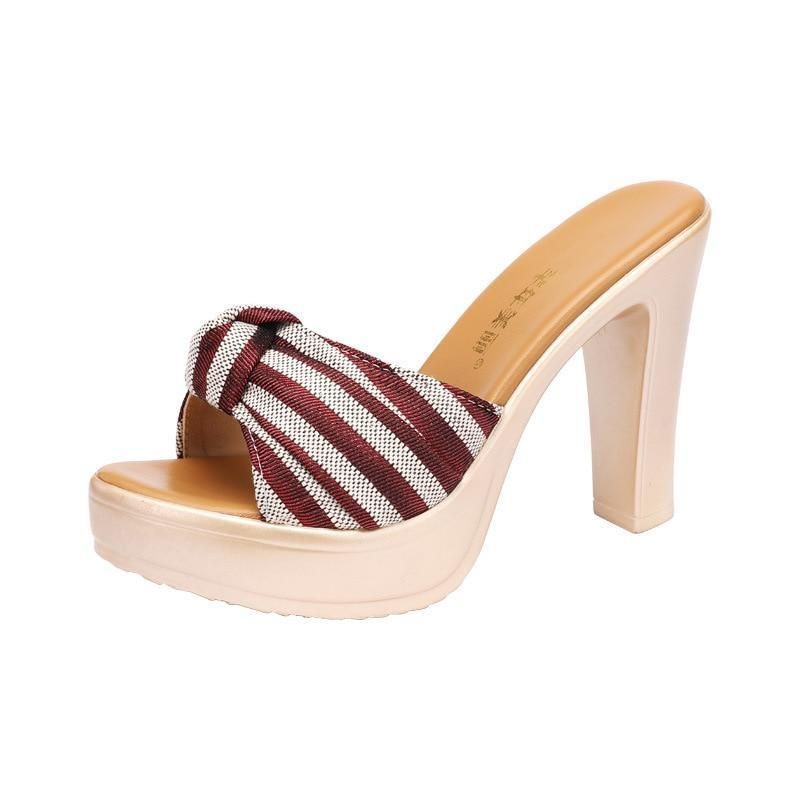 Casual Shoes Open Toe Bow Stripe Slides For Women Summer 2021 High Heels Slippers Ladies Office Beach - Touchy Style .