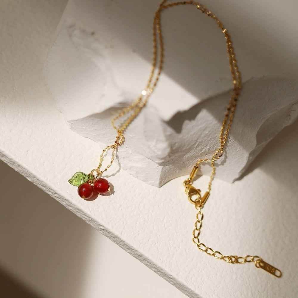 Cherry Fruit Necklace Charm Jewelry NCJR41 - Stainless Steel Pendant - Touchy Style .