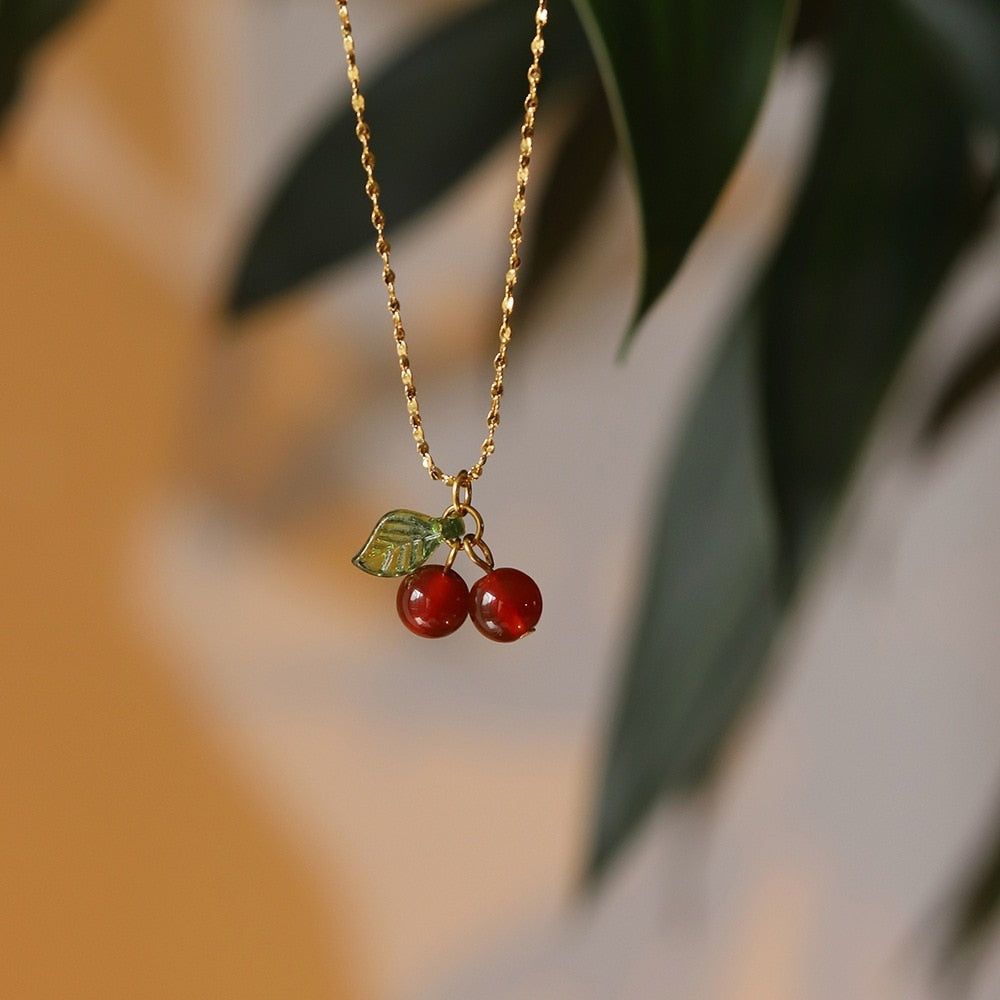 Cherry Fruit Necklace Charm Jewelry NCJR41 - Stainless Steel Pendant - Touchy Style .