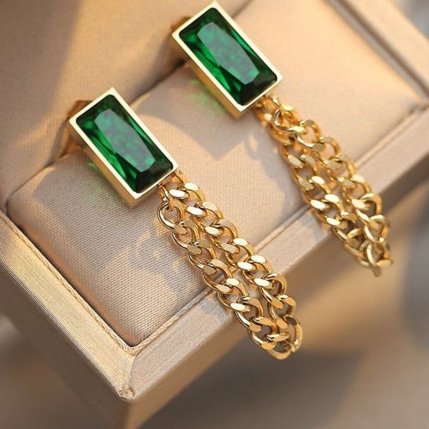 Classic Geometric Rectangle Green Crystal Stainless Steel Charm Jewelry Set CJSW45 - Touchy Style .