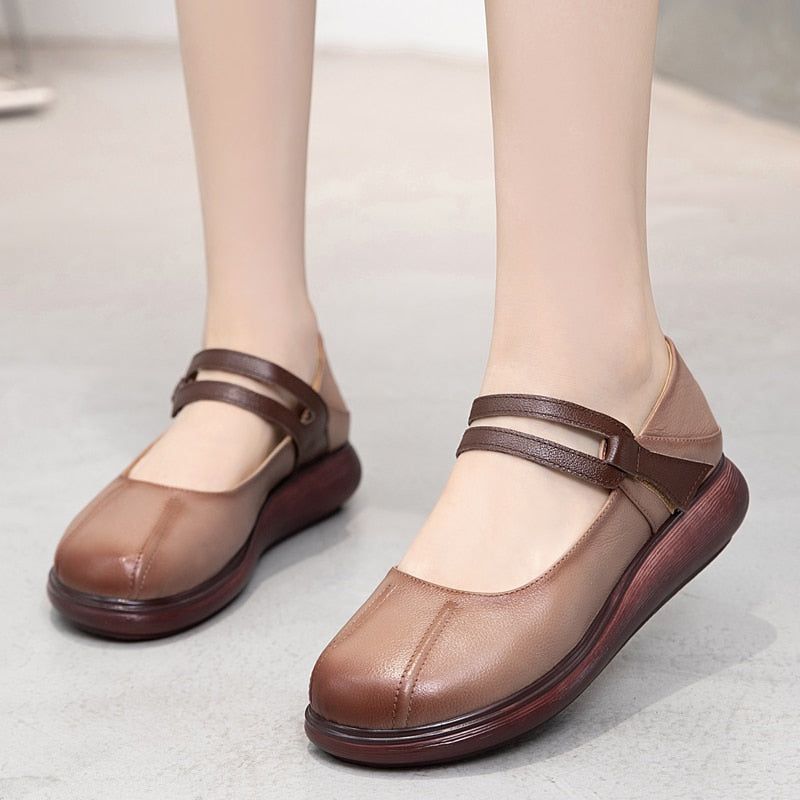 Comfortable Leather Thick-soled Flat Platform Women&