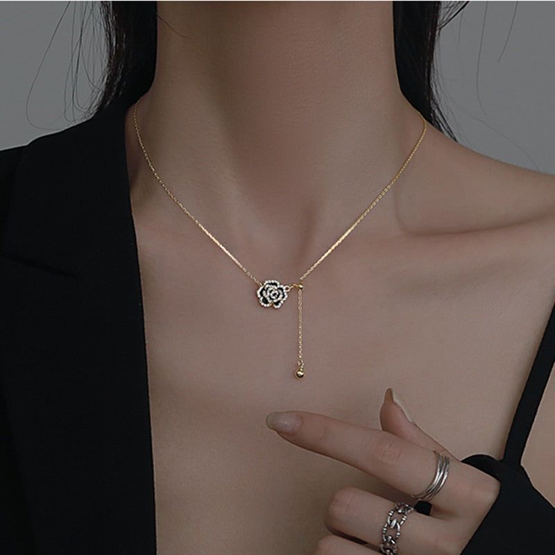 Copper Alloy Necklaces Charm Jewelry NCJSO12 Elegant Black Camellia