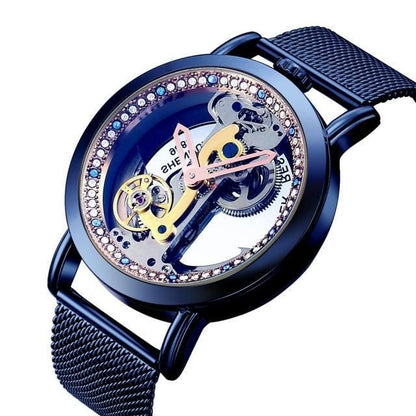 Creative Automatic Mechanical Watch Tourbillon Watches Transparent Diamonds Men Luxury Skeleton Self Winding Steel Mesh Clock - Touchy Style .