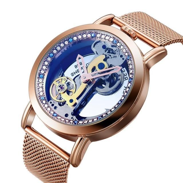 Creative Automatic Mechanical Watch Tourbillon Watches Transparent Diamonds Men Luxury Skeleton Self Winding Steel Mesh Clock - Touchy Style .