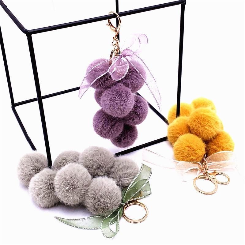 Creative grape fruit keychain cute bag plush pendant lace bow Fur Key chain car key chain 