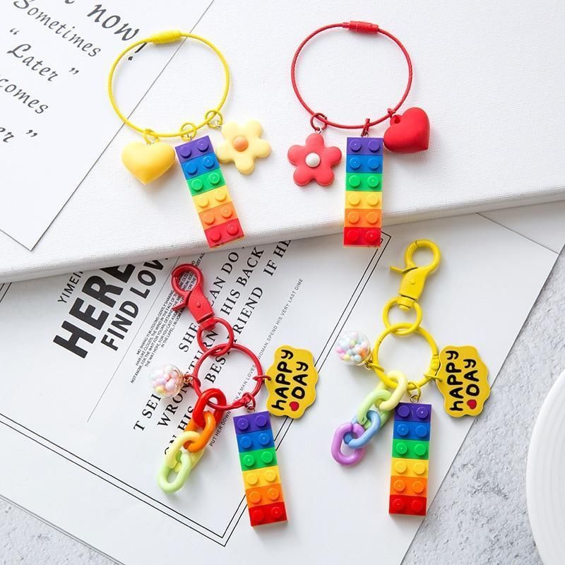 Cute Building Block Rainbow Bell Pink Keychain Pendant Decoration Bag Car Key Ring Cartoon Creative Party Gift Birthday Gift - Touchy Style .