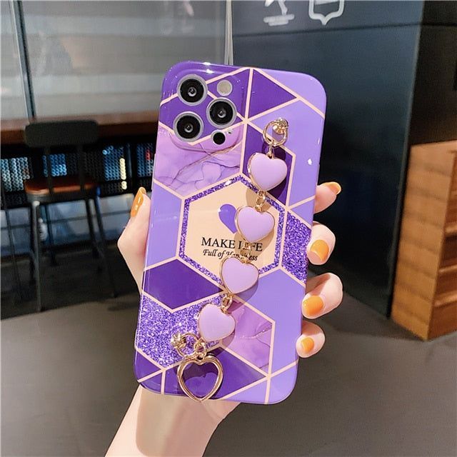 Cute Phone Case For iPhone 13 11 12 Pro X XR XS Max 7 8 Plus SE 2020 Luxury Geometric Splicing Love Heart Wrist Chain Soft Cover - Touchy Style .