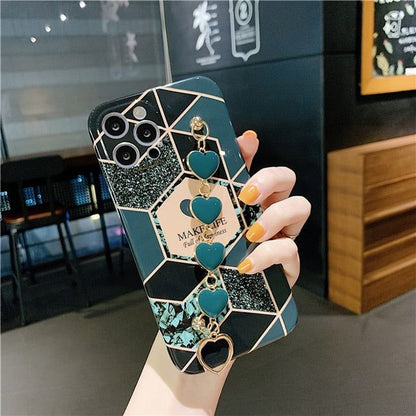 Cute Phone Case For iPhone 13 11 12 Pro X XR XS Max 7 8 Plus SE 2020 Luxury Geometric Splicing Love Heart Wrist Chain Soft Cover - Touchy Style .