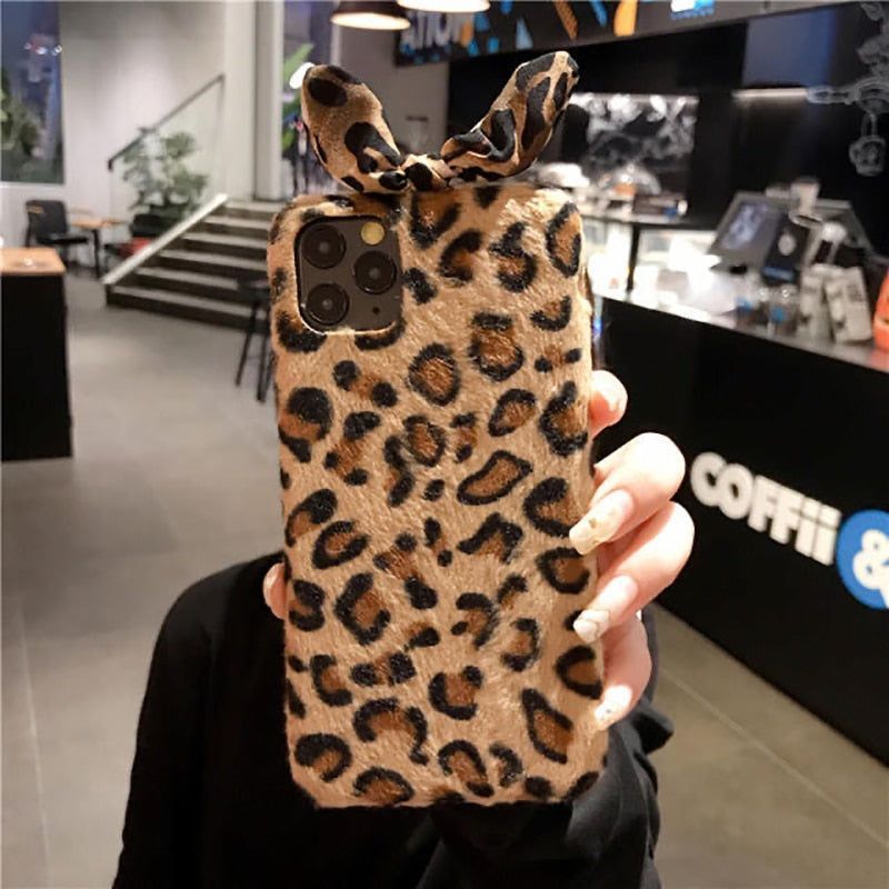 Cute Phone Case for iPhone 13 12 11 Pro Max Mini XR X XSMax 7 8 Plus 6 6S SE 2020 Fur Leopard Fluffy With Bowknot Soft Cover - Touchy Style .